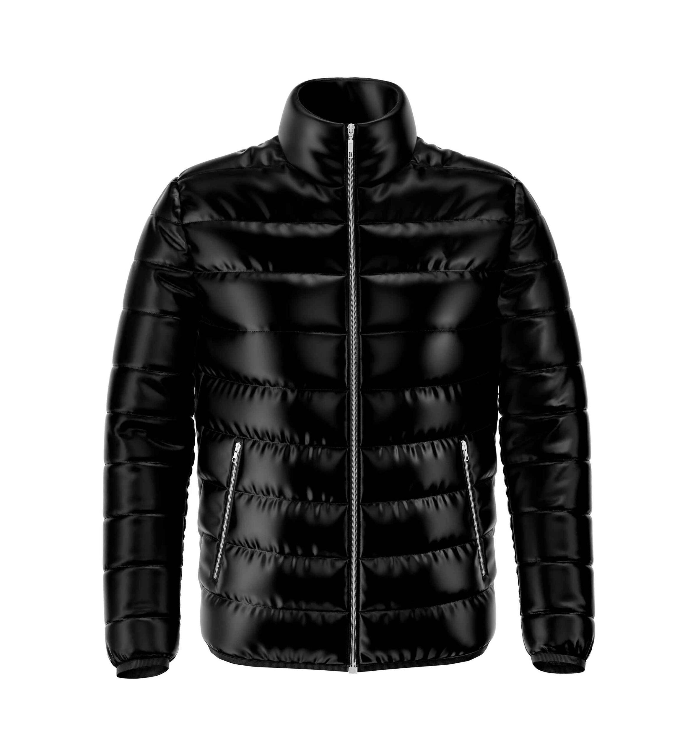 Black Glossy High-Collar Quilted Zip Jacket